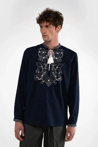 Men's blue shirt with beige embroidery, M