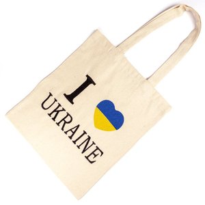 Love Ukraine shopper with a yellow and blue heart  on gray linen