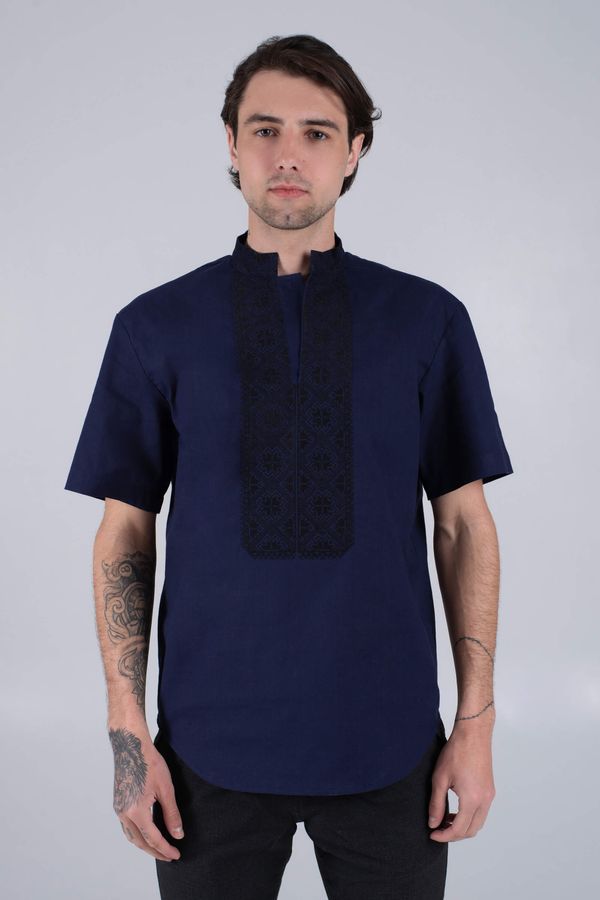 Men's Dark-Blue Linen Shirt with Black Embroidery, 48