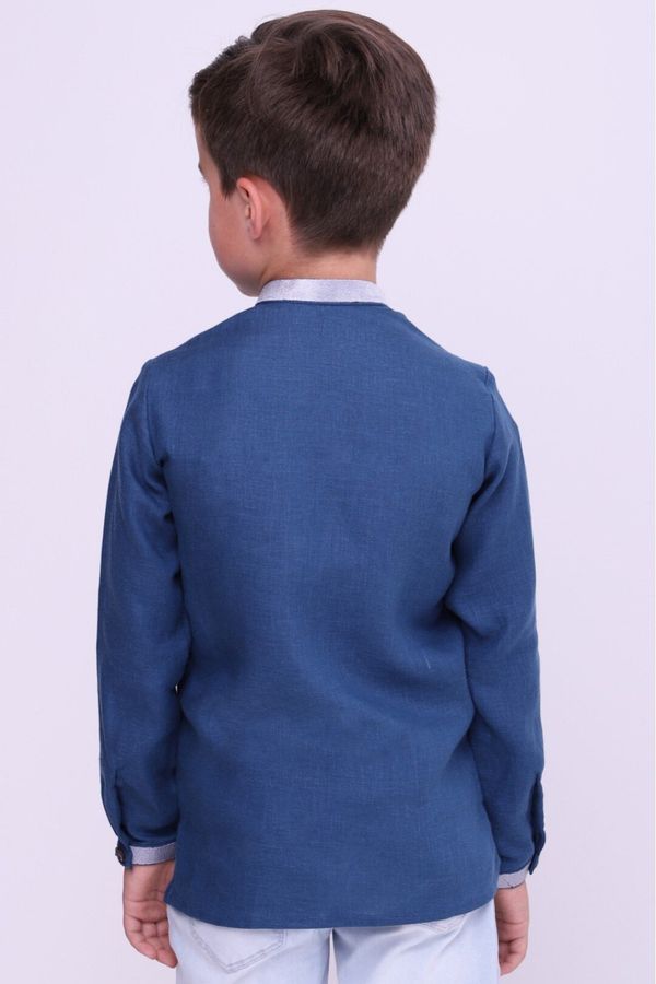Blue Linen Shirt for Boys with White Hutsul Ornament, 140
