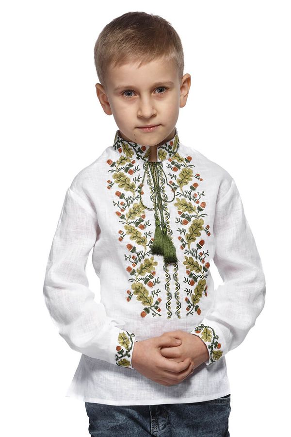 Embroidered White Shirt for Boys with Ornament "Oak", 110