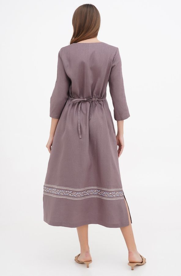 Жіноча сукня, льон какао з блакитно-бежевою вишивкою