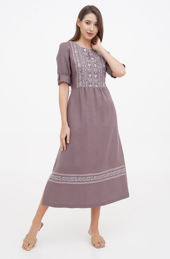 Women's dress, cocoa linen with blue-beige embroidery