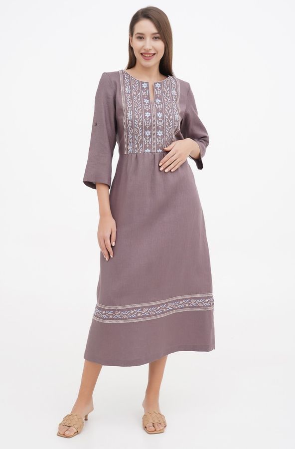 Women's dress, cocoa linen with blue-beige embroidery