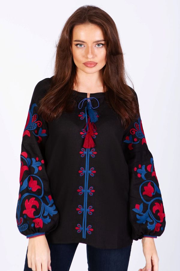 Women's Black Shirt with Pink and Blue Embroidery, XS