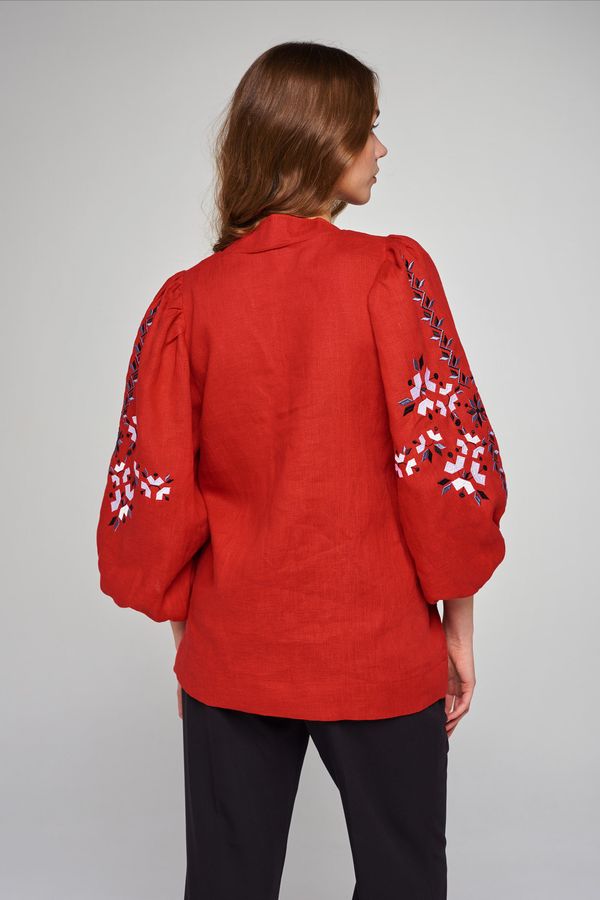 Women's Red Linen Shirt with Black and White Embroidery, S