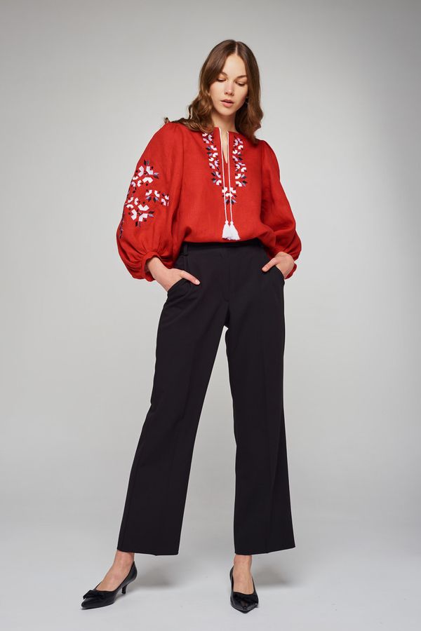 Women's Red Linen Shirt with Black and White Embroidery, M