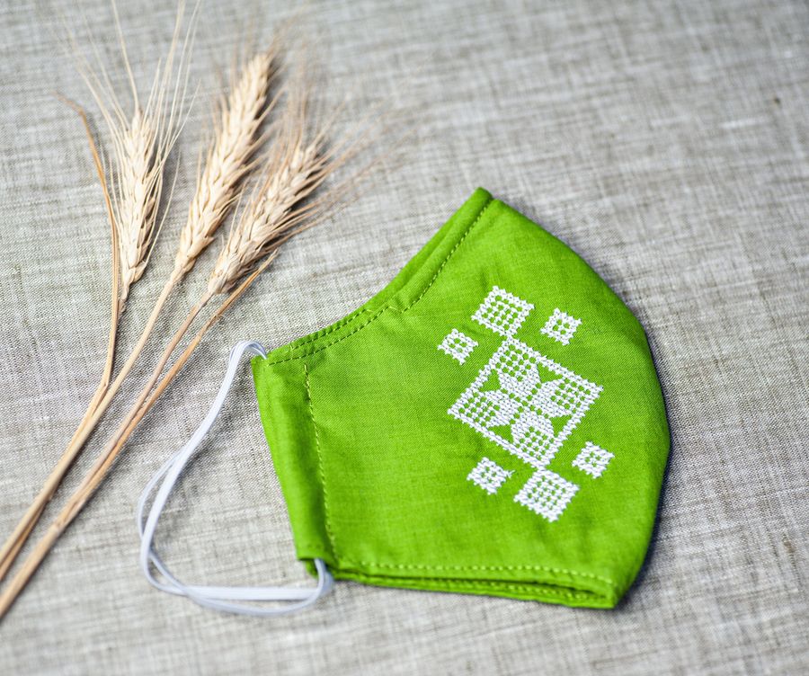 Bright Green Face Mask with White Embroidery