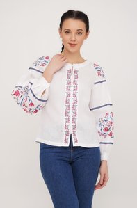 Women's White Embroidered Shirt with Coloured Flowers, 40