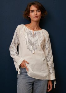 Women's White Shirt with Blue and White Embroidery, 42