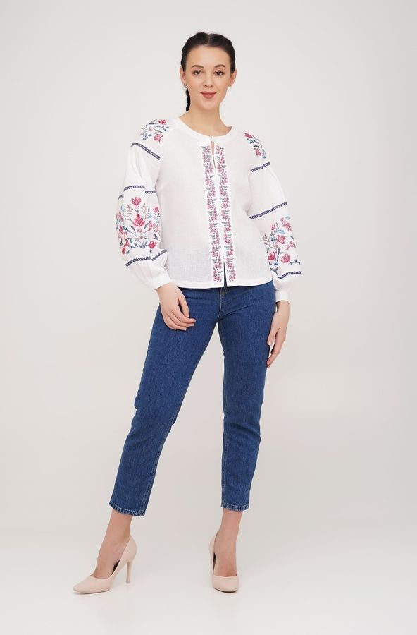Women's White Embroidered Shirt with Coloured Flowers, 42