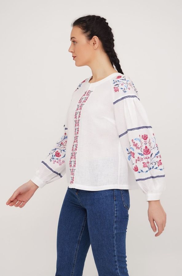 Women's White Embroidered Shirt with Coloured Flowers, 42