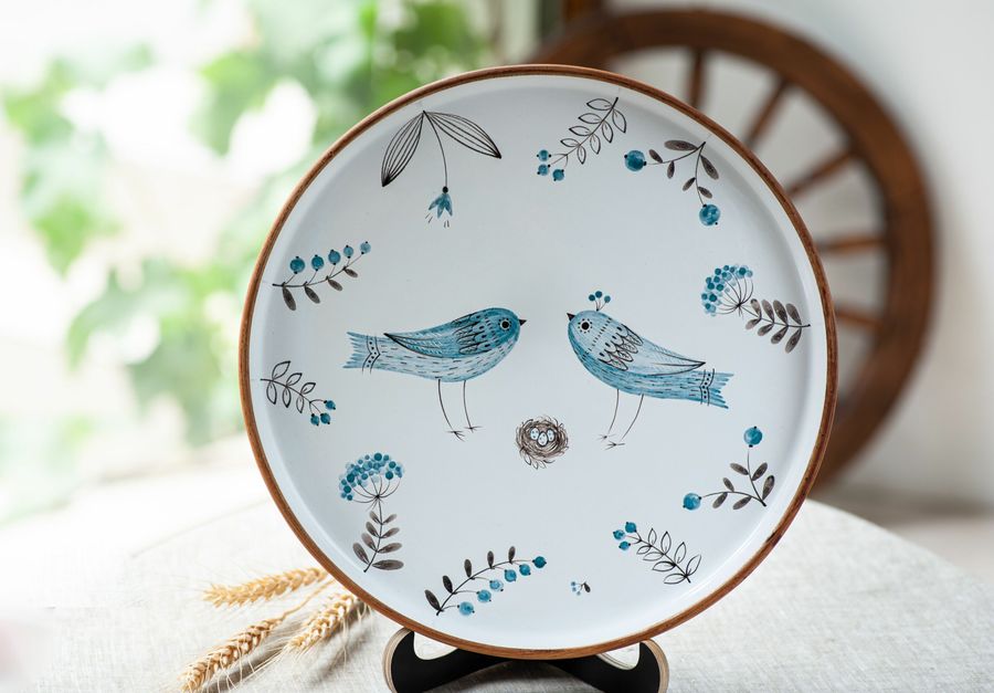 Pottery Serving Bowl with Birds