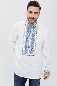 Men's white shirt with blue and white embroidery, L