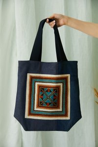 Handmade shopper with green and brown square stitching