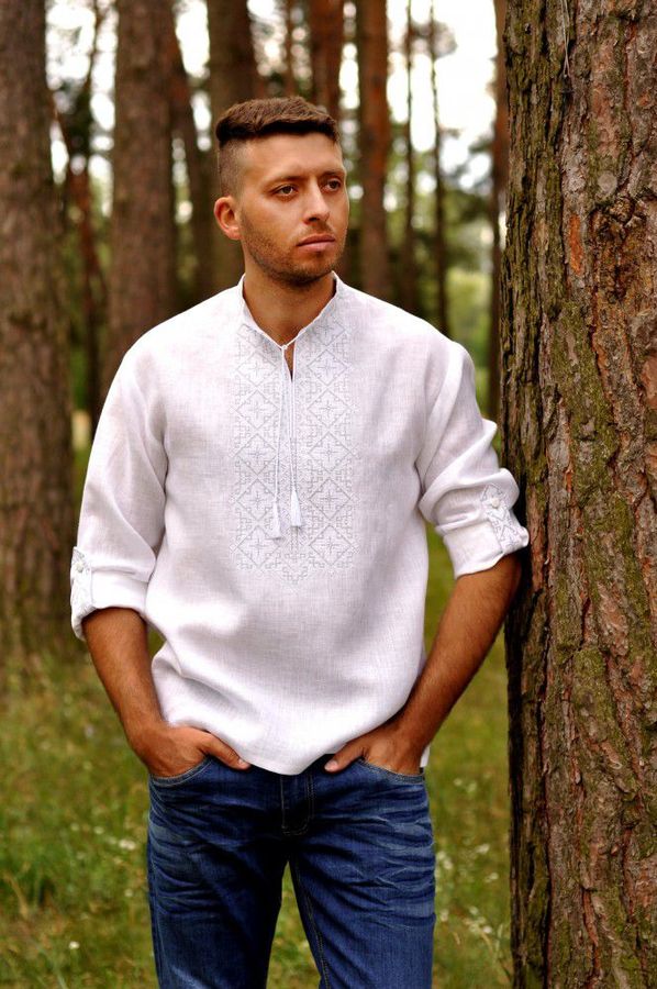 Men's White Shirt with Light Embroidery, 56