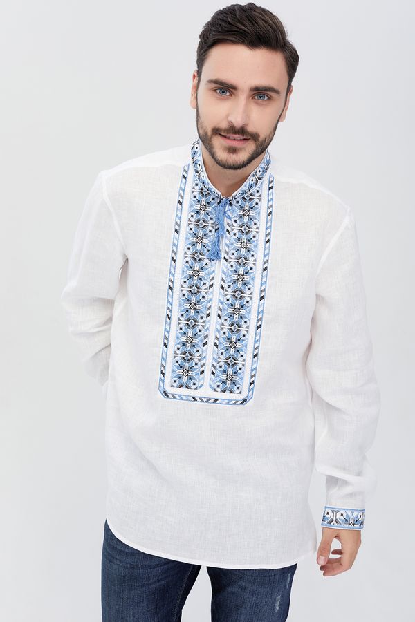 Men's white shirt with blue and white embroidery, XL