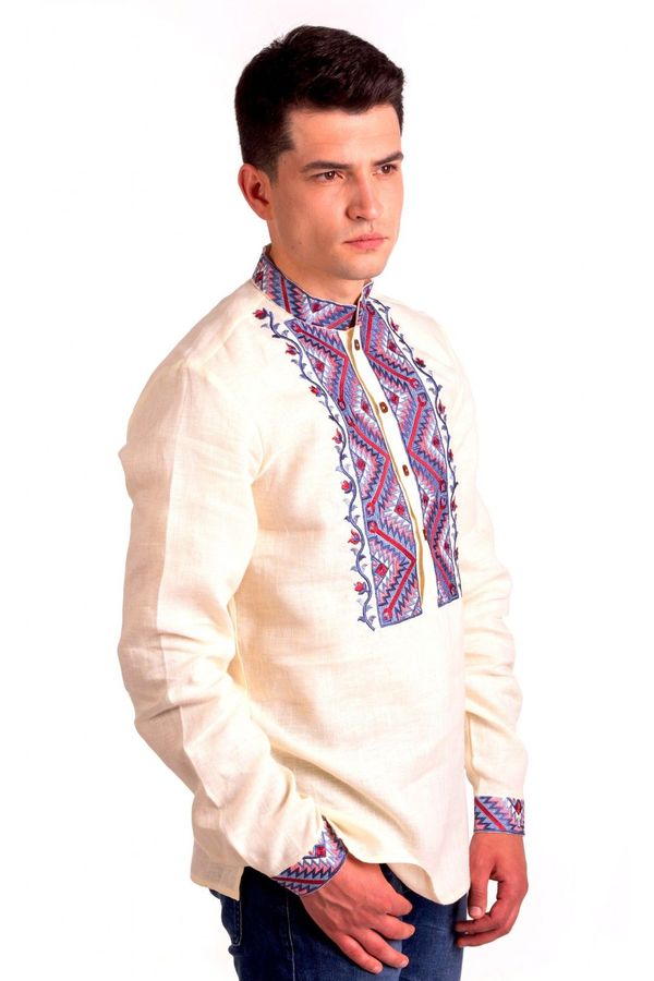Milky Embroidered Linen Shirt with Cossacks Ornament, S