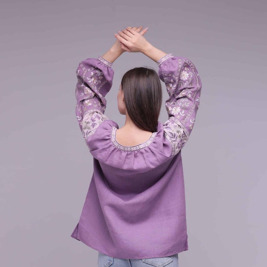 Жіноча вишиванка фіолетовий льон з рожевою вишивкою, 40