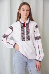 Women's handmade embroidered shirt with collar, red and black ornament, XS