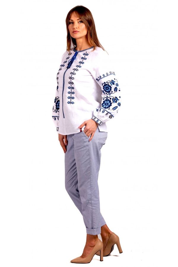 White Linen Embroidered Shirt with Floral Ornament, XS