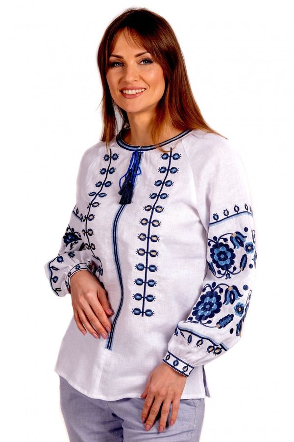 White Linen Embroidered Shirt with Floral Ornament, XS