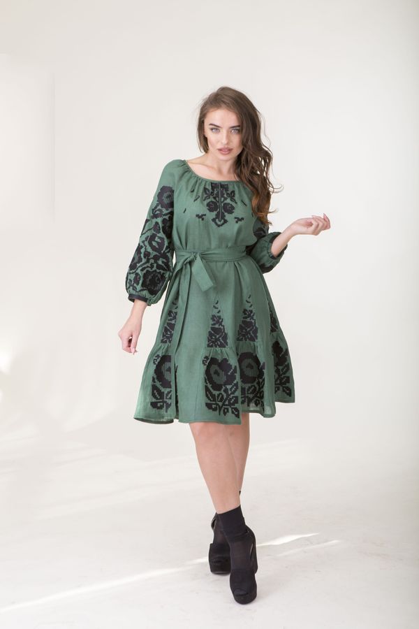 Linen Green Color Dress with Black Embroidery, XS