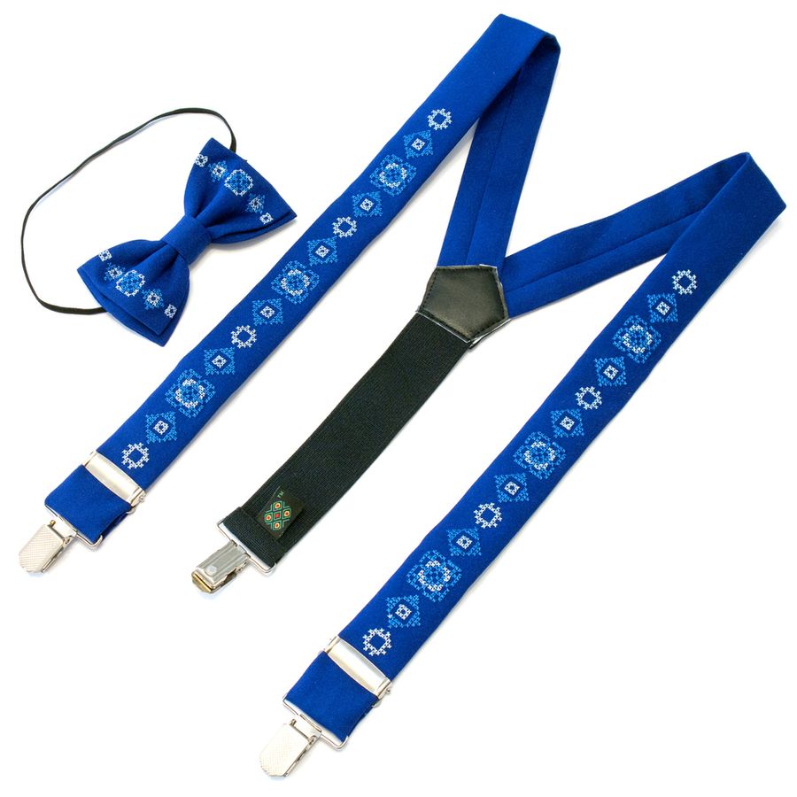 Bright Blue Suspenders & Bow Tie Set with Embroidery