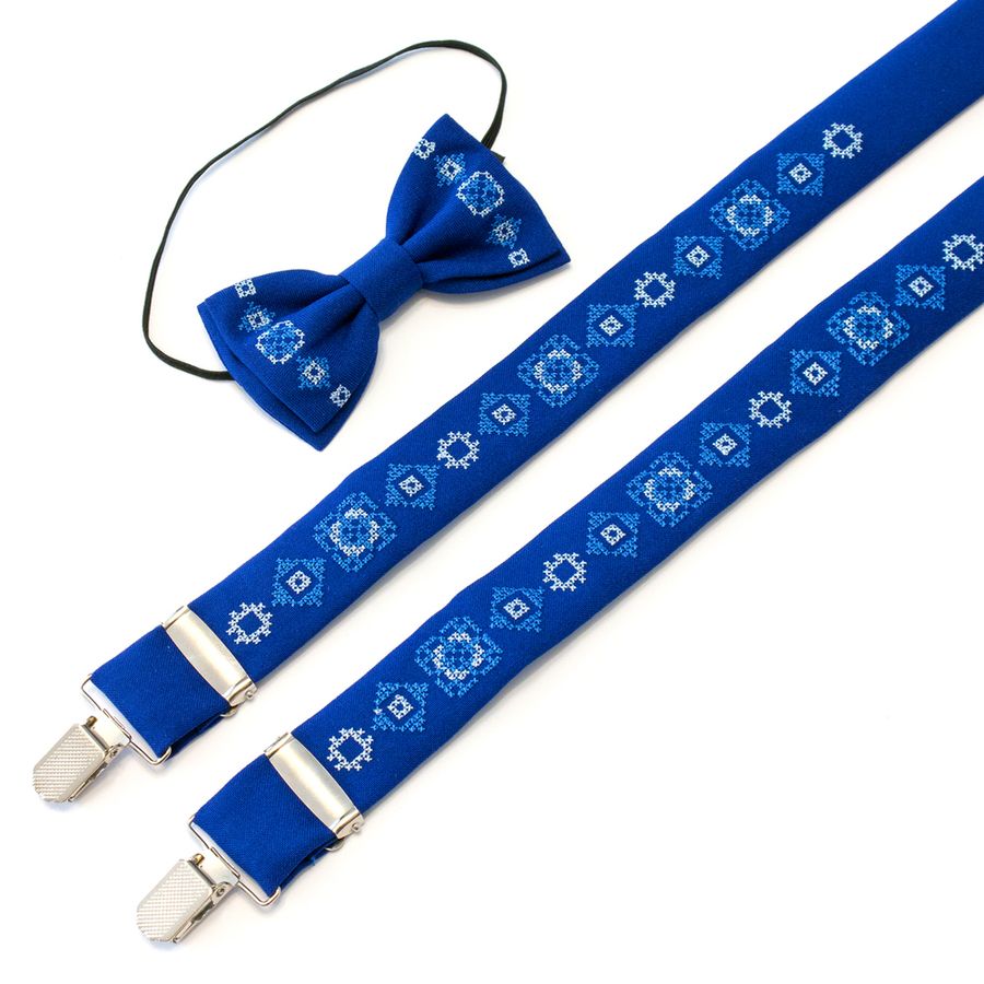 Bright Blue Suspenders & Bow Tie Set with Embroidery