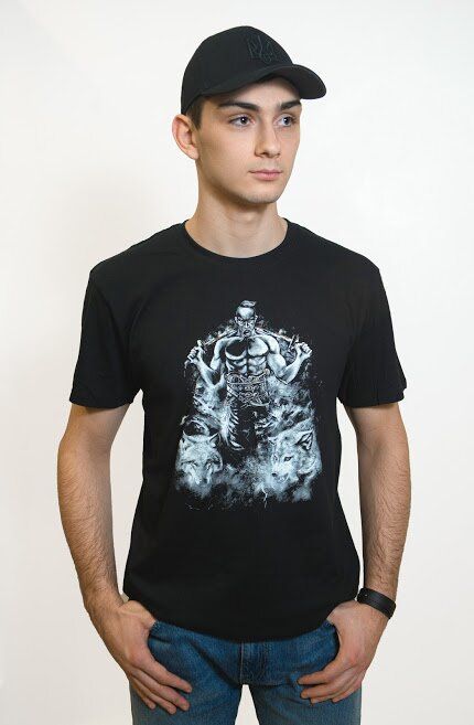 Men's Black T-Shirt Cossack and Wolves, XL