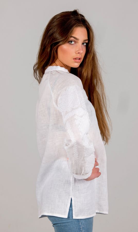 Women's Embroidered Shirt White on White with Traditional Ornament, S