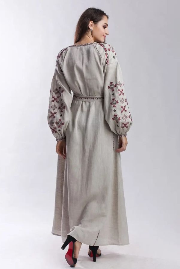 Women's Gray Linen Dress with Black and Burgundy Embroidery, 52