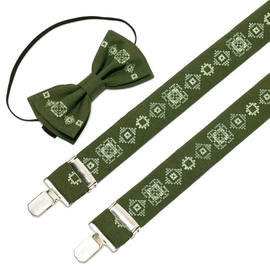 Green Embroidered Bow Tie & Suspenders