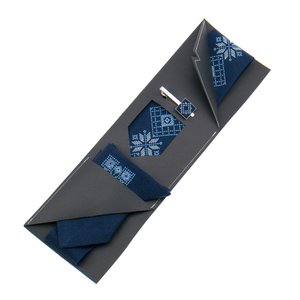Вишита краватка з хустинкою та зажимом, темно-синій колір