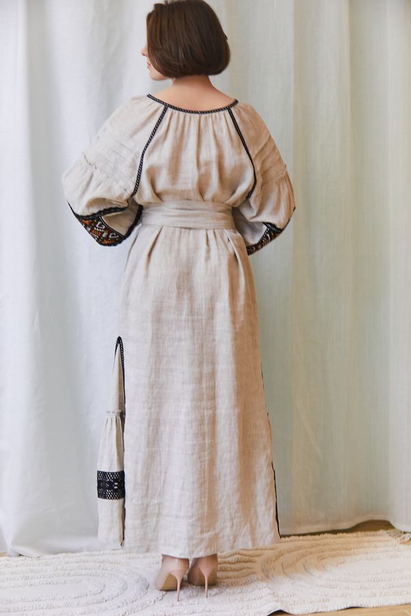 Handmade women's dress, gray linen, woven Hutsul ornament, S