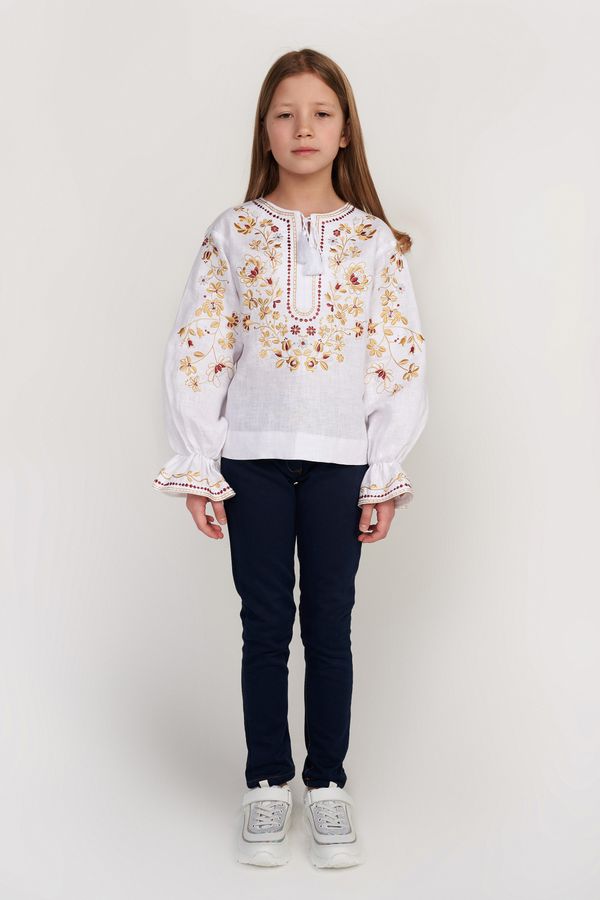 Embroidered Shirt for Girls with Golden Flowers, 122