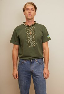 Men's Embroidered Khaki T-Shirt with Flag of Ukraine, S