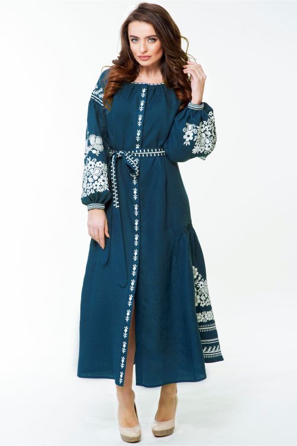 Blue Embroidered Dress with Wide Sleeves
