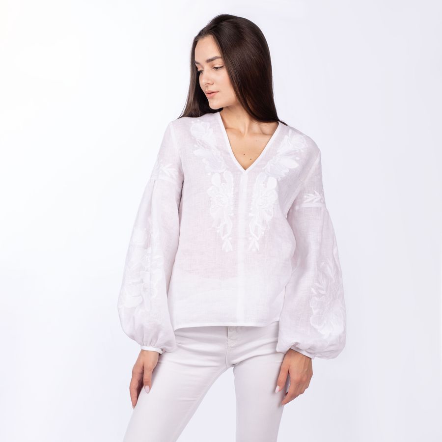 White Linen Shirt with White Embroidery, 44