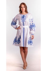 White Embroidered Dress with Luxuriant Geometrical Ornament in Blue, XS