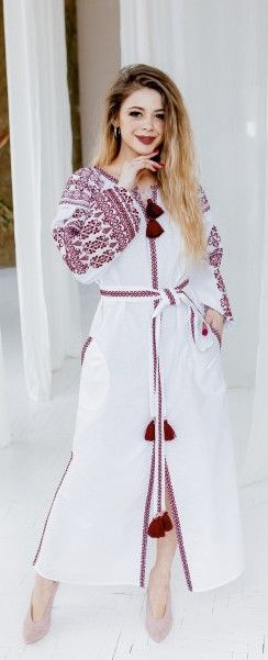 White Linen Dress with Cherry-Red Embroidery, S