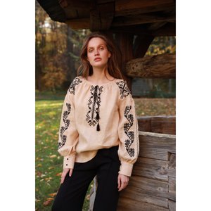 Women's beige embroidered shirt  with black embroidery, L