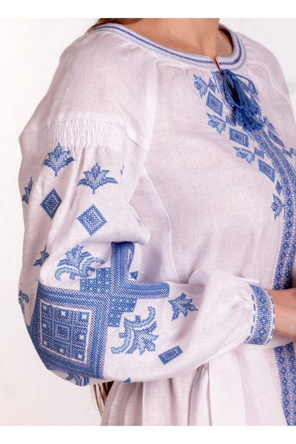 White Embroidered Dress with Luxuriant Geometrical Ornament in Blue, L