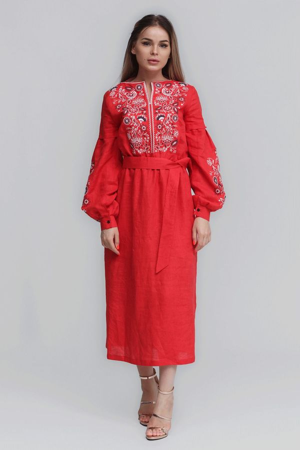 Women's Red Dress with White Embroidery, 42