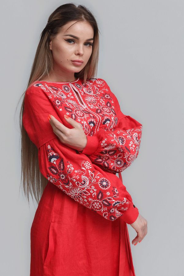 Women's Red Dress with White Embroidery, 50