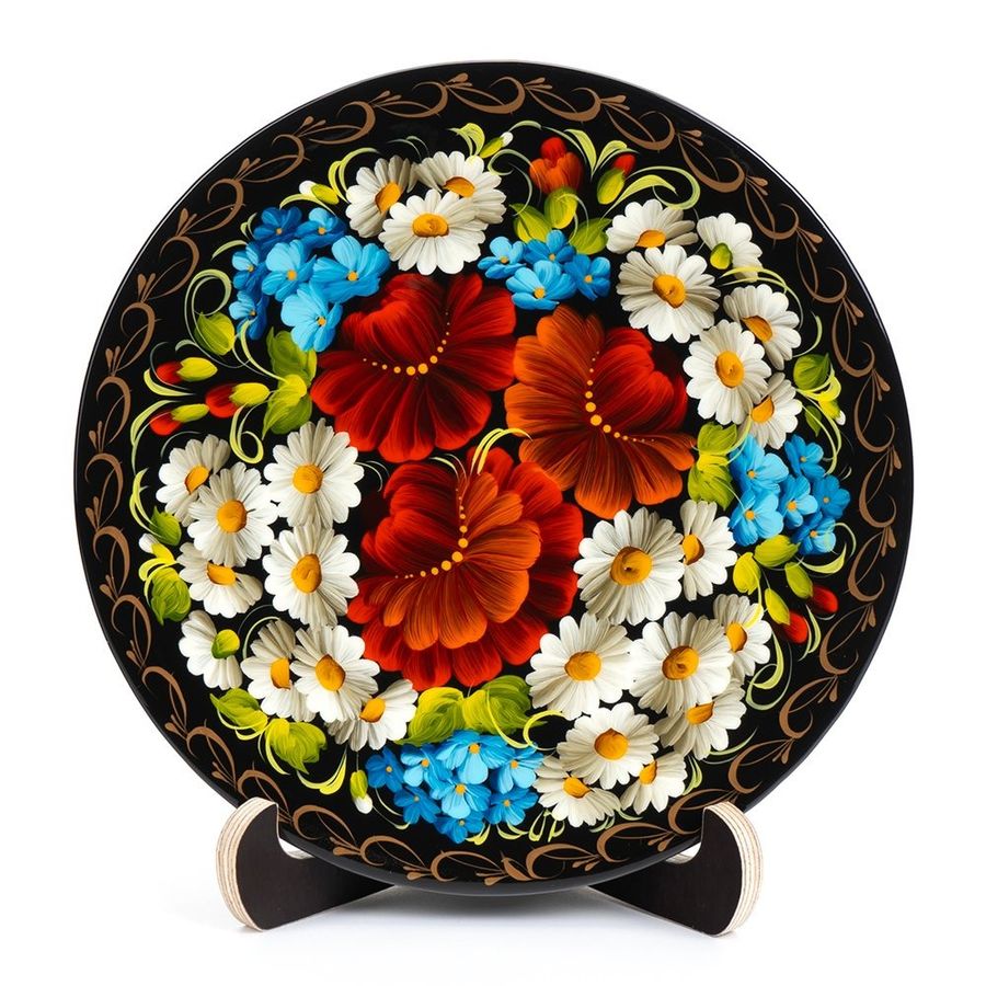 Petrykivka Painting Wooden Plate with Uneclipsed Blue Flowers