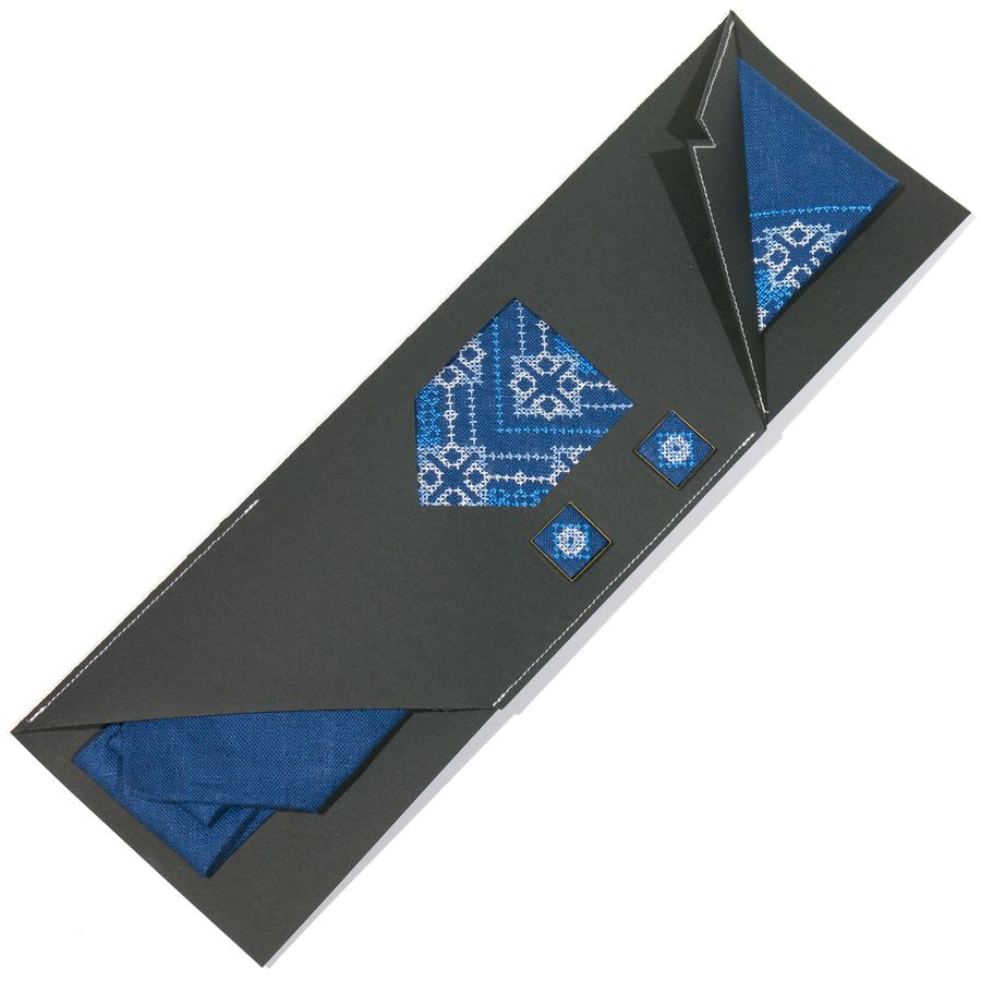 Blue Linen Embroidered Set, Tie & Cuff Links