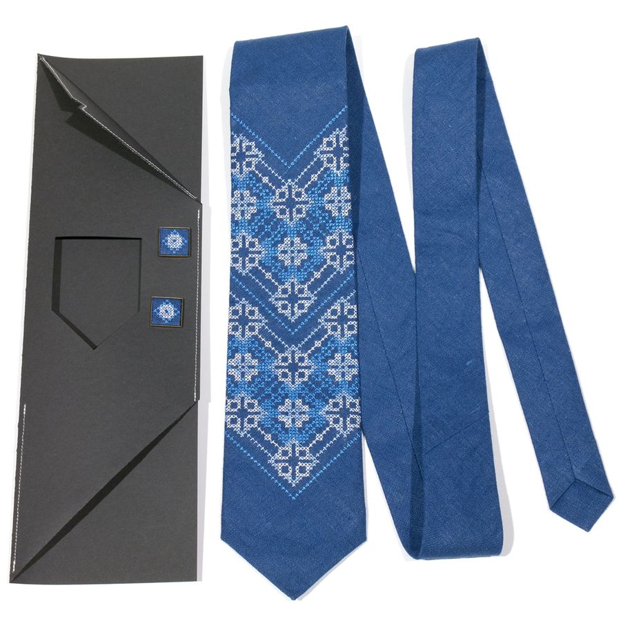 Blue Linen Embroidered Set, Tie & Cuff Links