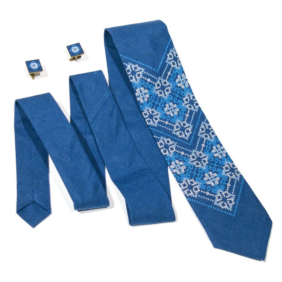 Вишитий набір. Краватка із запонками. синій льон