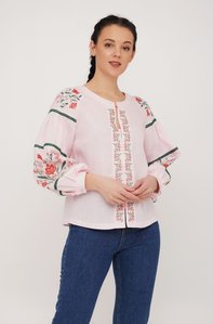 Women's Pink Embroidered Shirt with Red Flowers, 40
